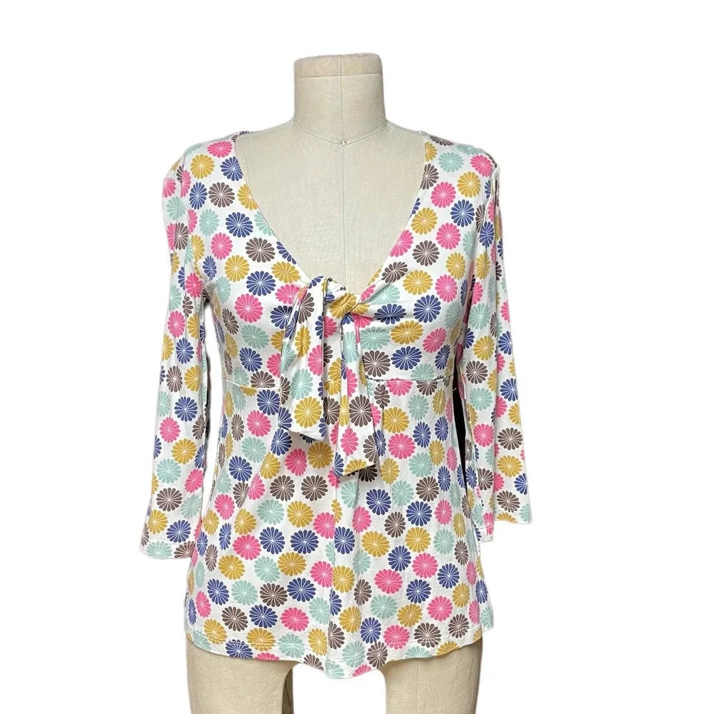 L.K. Bennett Colorful Floral Print Tie Neck‎ Jersey Top Size Small